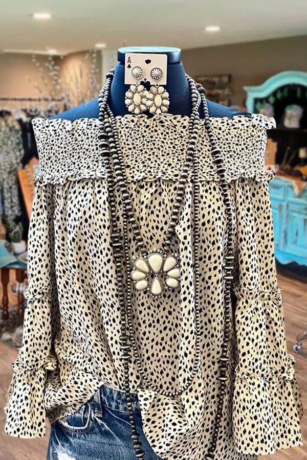 Dot Print Off Shoulder Ruffle Long Sleeve Blouse