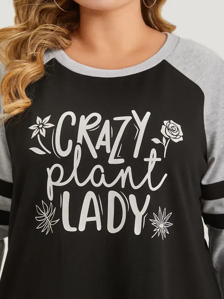 Letter & Floral Print Striped Patchwork Raglan Sleeve Sweatshirt