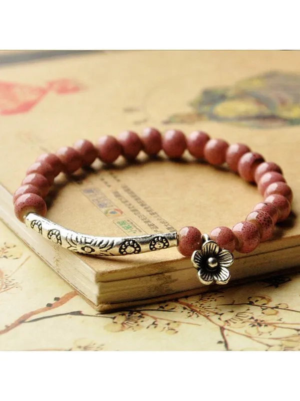 Women's Ethnic Style Flower Glaze Bead Ceramic Bracelet