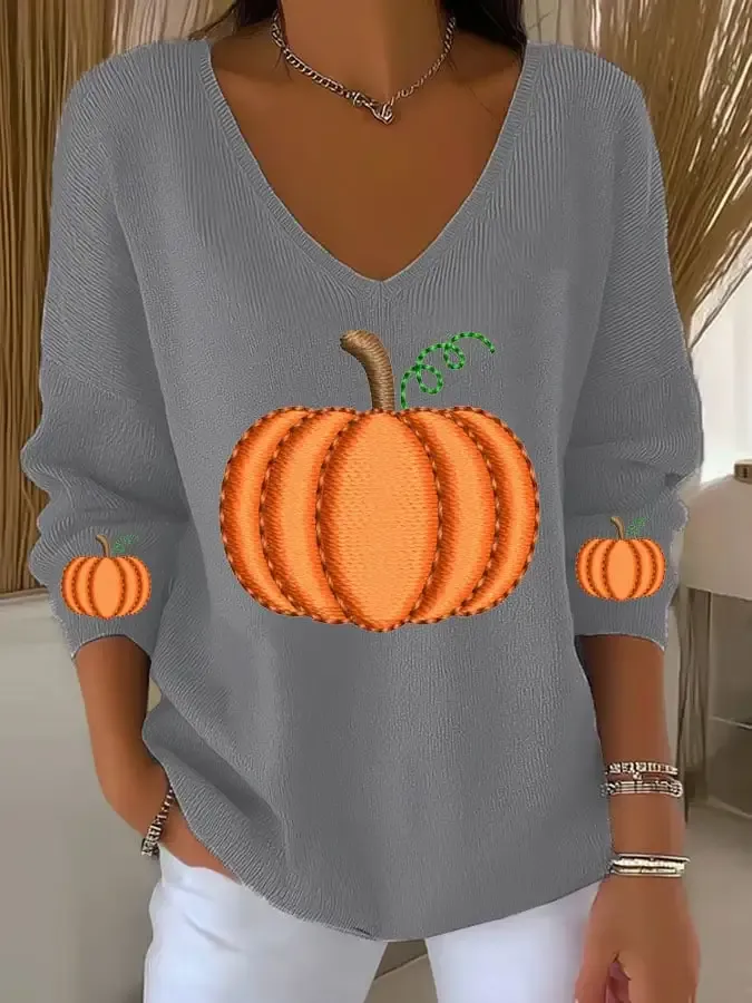 Women's Casual Pumpkin Floral Long Sleeve T-Shirt