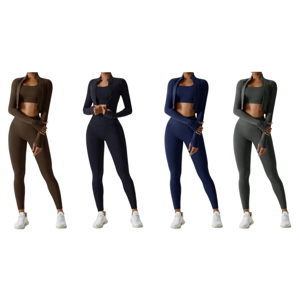 Women's 3 Piece Tracksuit Set - Criss Cross Crop Tank, High Waist Leggings & Zip Up Jacket