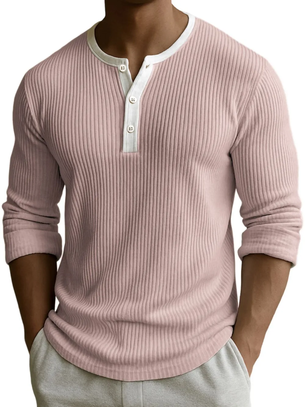 Men's Comfort Ribbed Texture Color-block Fittness Stylish Daily Henley Shirt