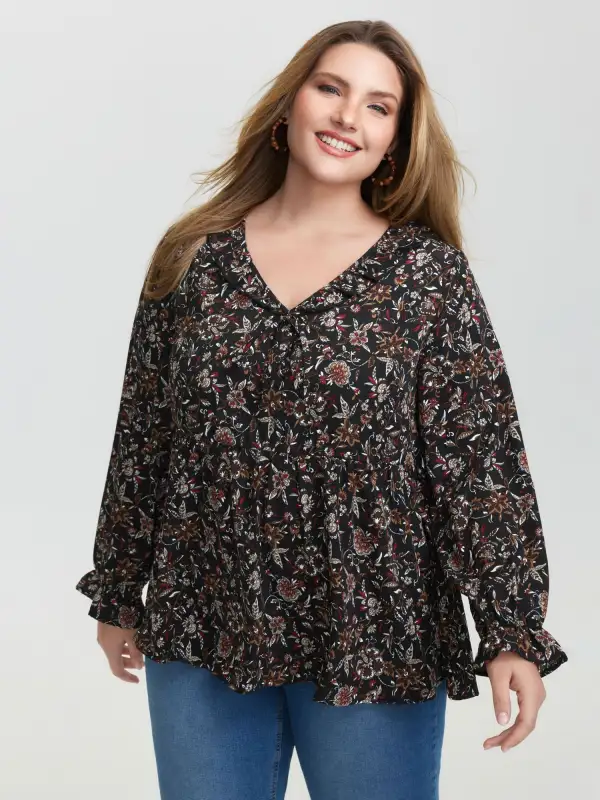Floral Print Ruffled Neck Blouse
