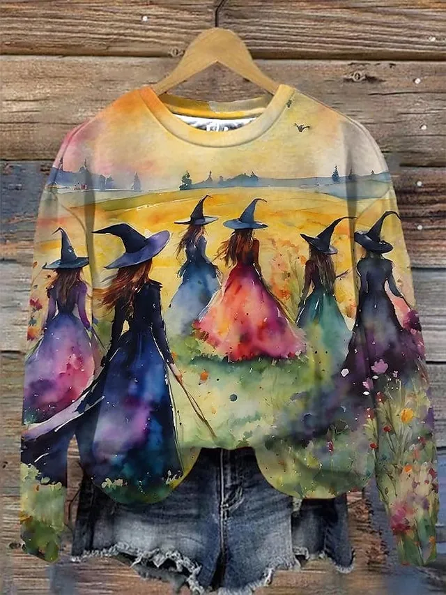 Women's Halloween Sweatshirt Pullover Witch Halloween Print Yellow Casual Crew Neck Long Sleeve Top Micro-elastic Spring Fall & Winter