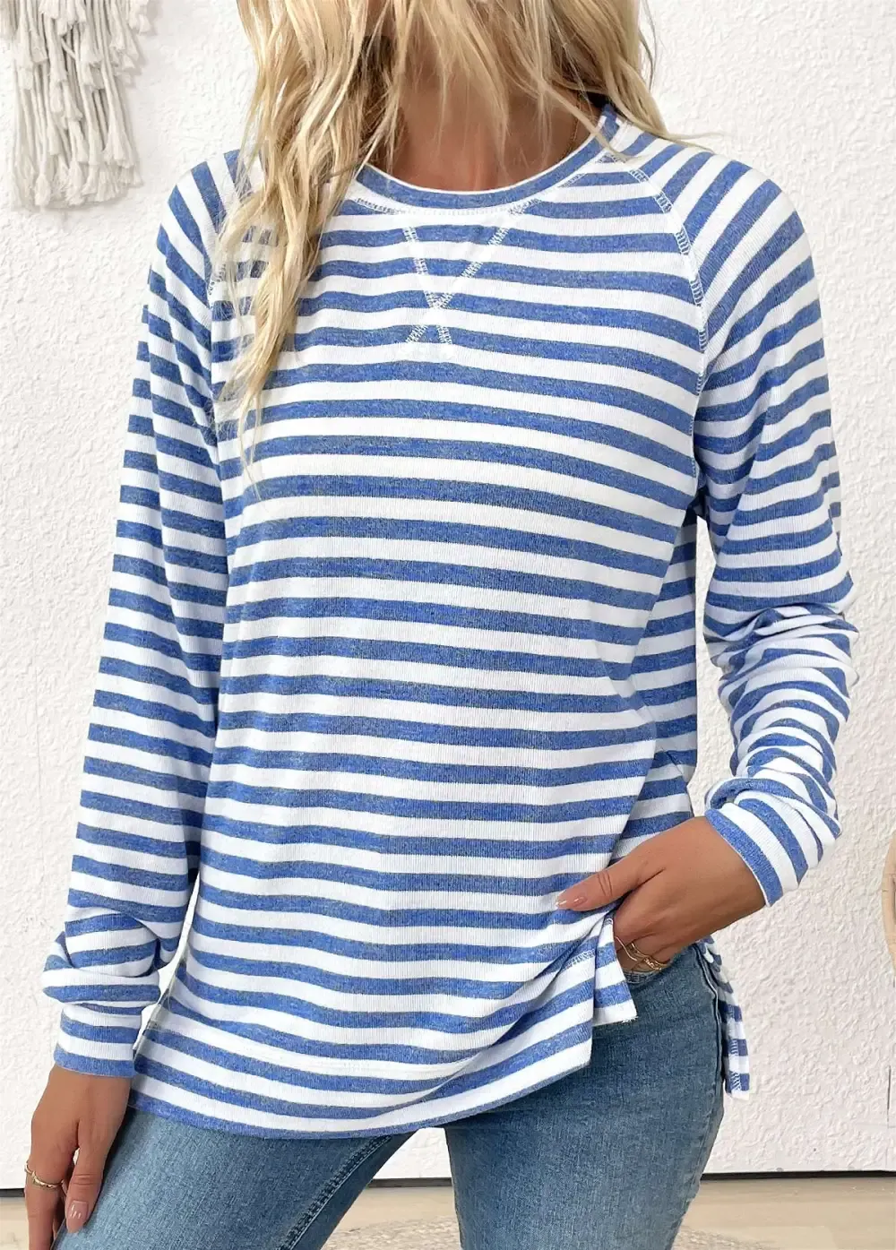 Light Blue Striped Long Sleeve Round Neck T Shirt