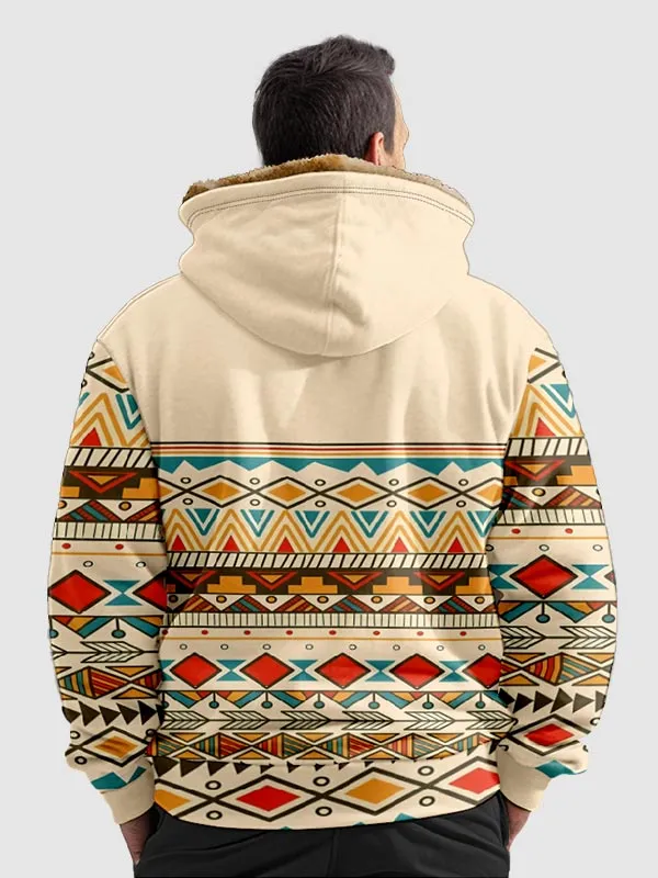Men's Ethnic Fleece Full Zip Retro Print Hoodie Jacket
