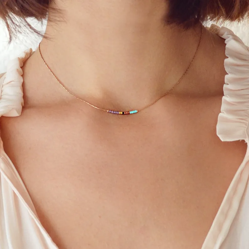 Rose Gold Dainty Beaded Necklace, Boho Delicate Minimalist Jewelry Short Layering Necklace, Colorful Simple Minimal Bridesmaids Gift