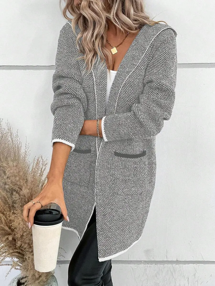 Contrast Trim Dual Pocket Hooded Duster Cardigan