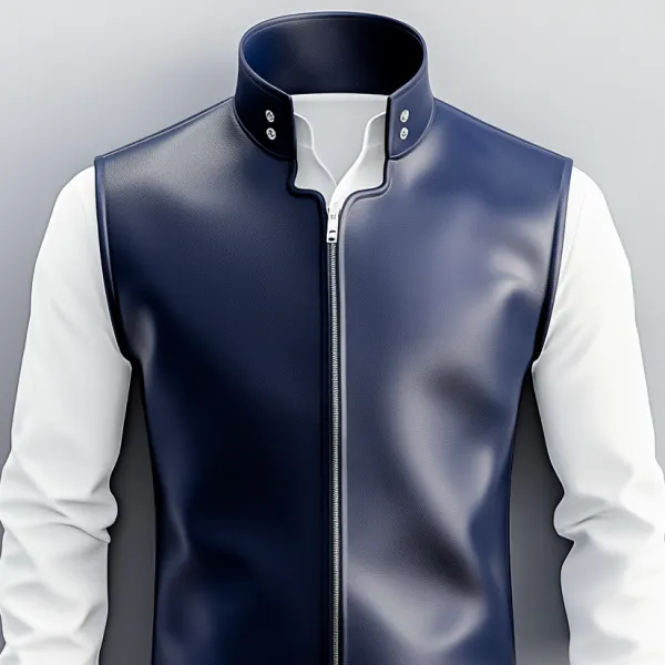 Men's Solid Stand Collar Sleeveless PU Leather Zip Up Vest