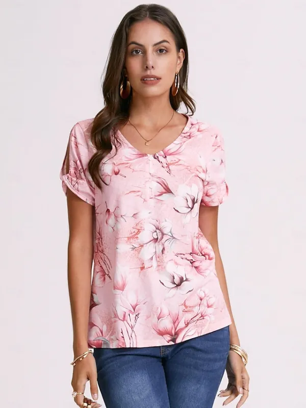 Women's T shirt Tee Henley Shirt Floral Button Cut Out Print Holiday Weekend Basic Short Sleeve V Neck Pink