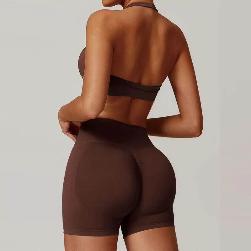 Women's Backless Halter Crop Top & High Waist Shorts Activewear Set