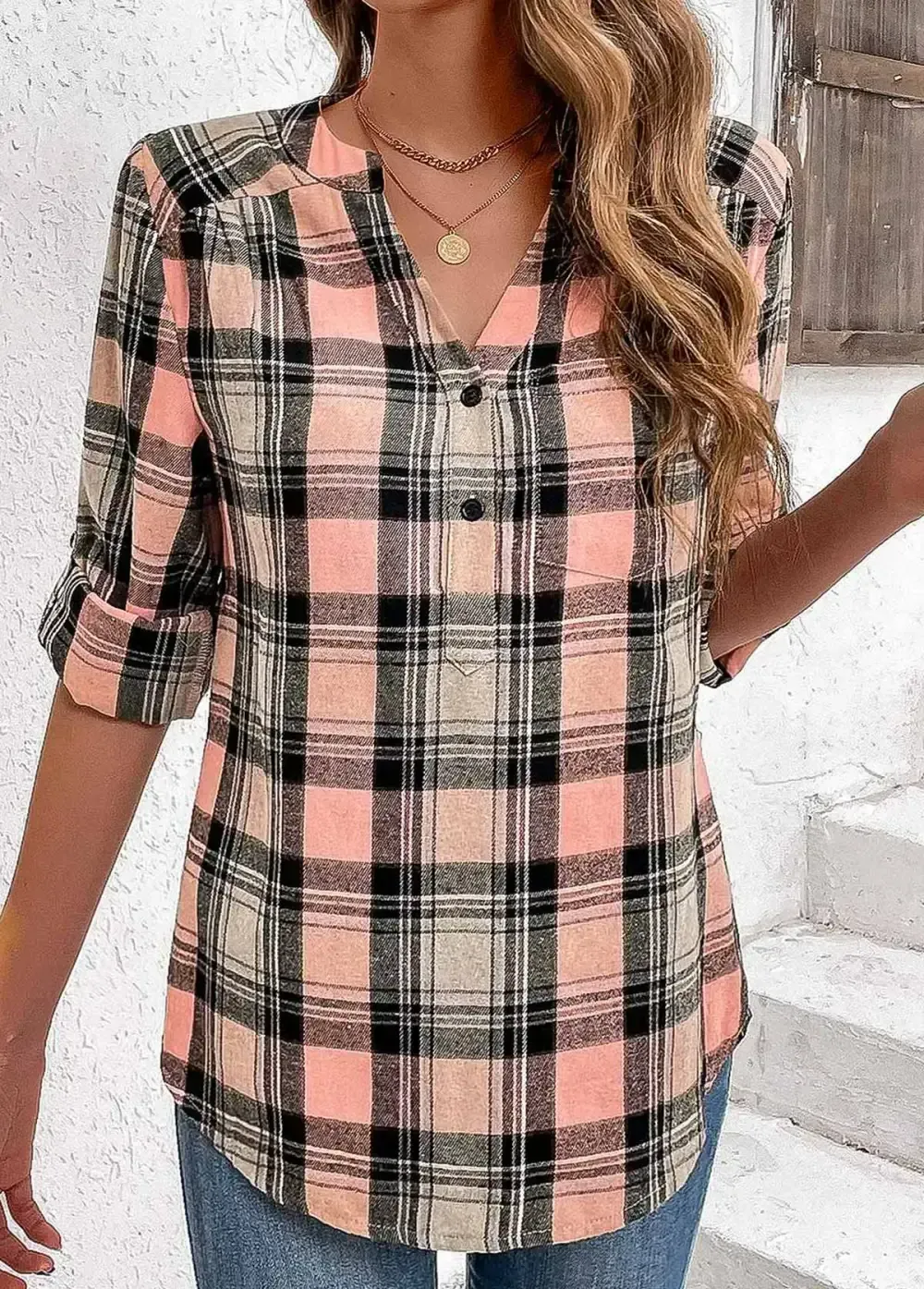 Pink Ruched Plaid Long Sleeve Split Neck Blouse