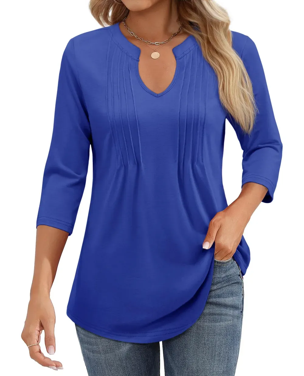 ✨Womens Casual 3/4 Sleeve Pleated Tunic Blouse
