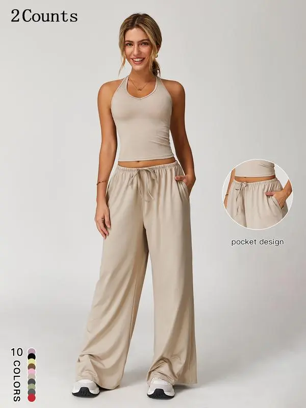 Women's Summer 2 Piece Set – Sleeveless V Neck Crop Top & Wide Leg Pants, Casual Lightweight Outfit