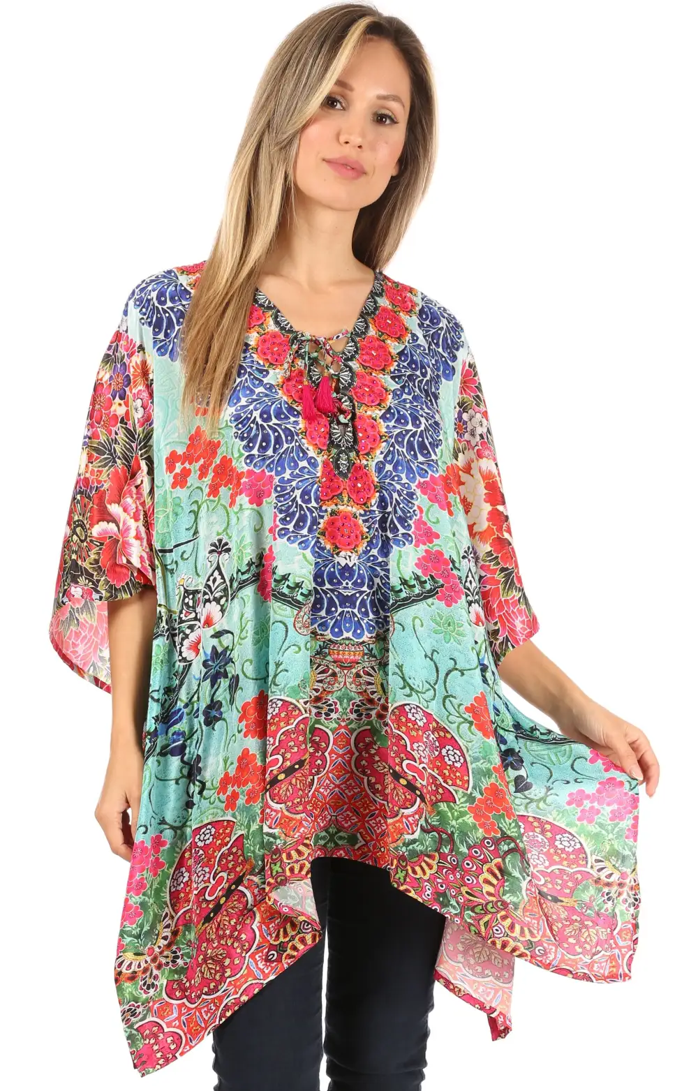 Women's Caftan Poncho Cover up V neck Top Lace up With Rhinestone