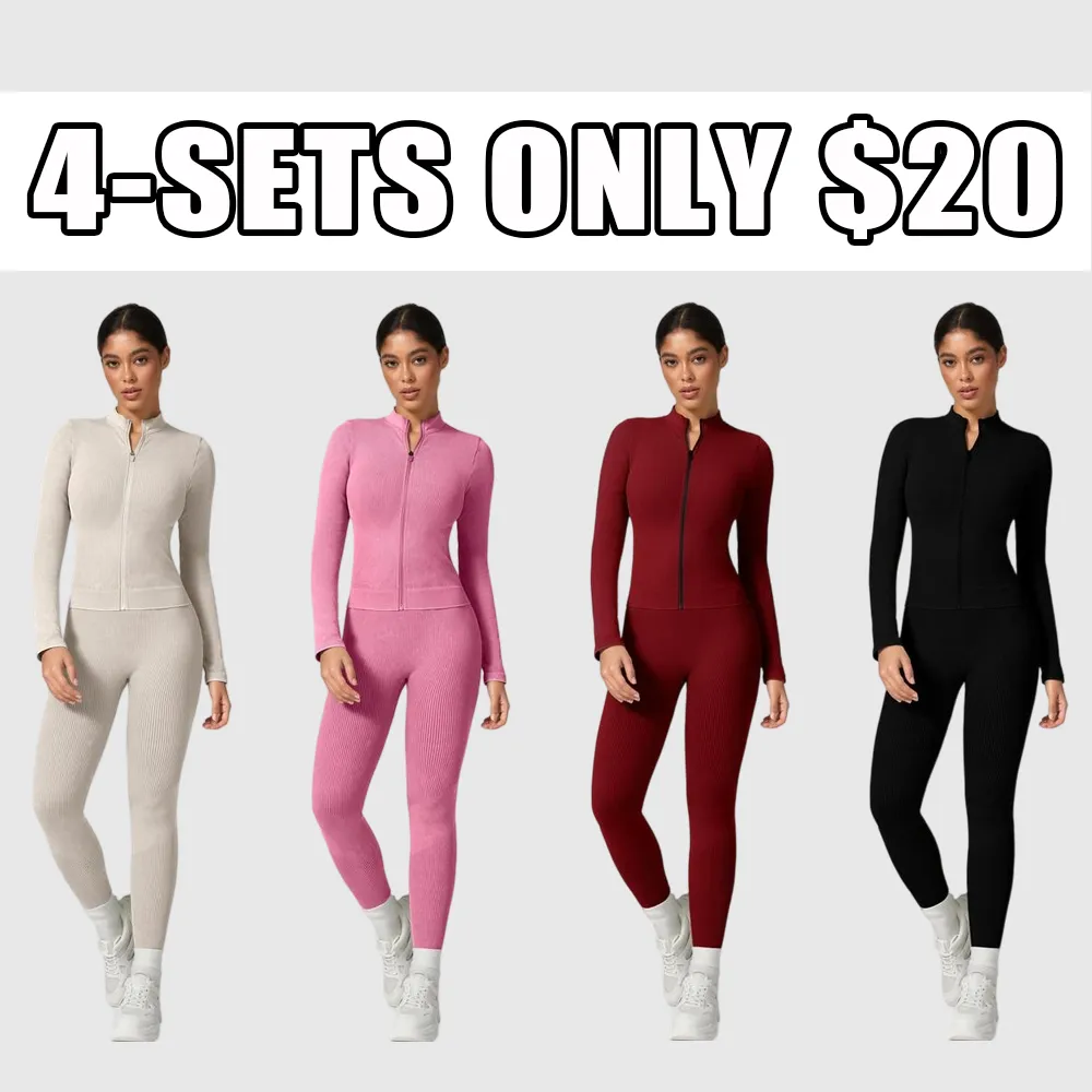 Women's Plain Tracksuit Set, Sports Zip Up Crop Jacket & High Waist Leggings