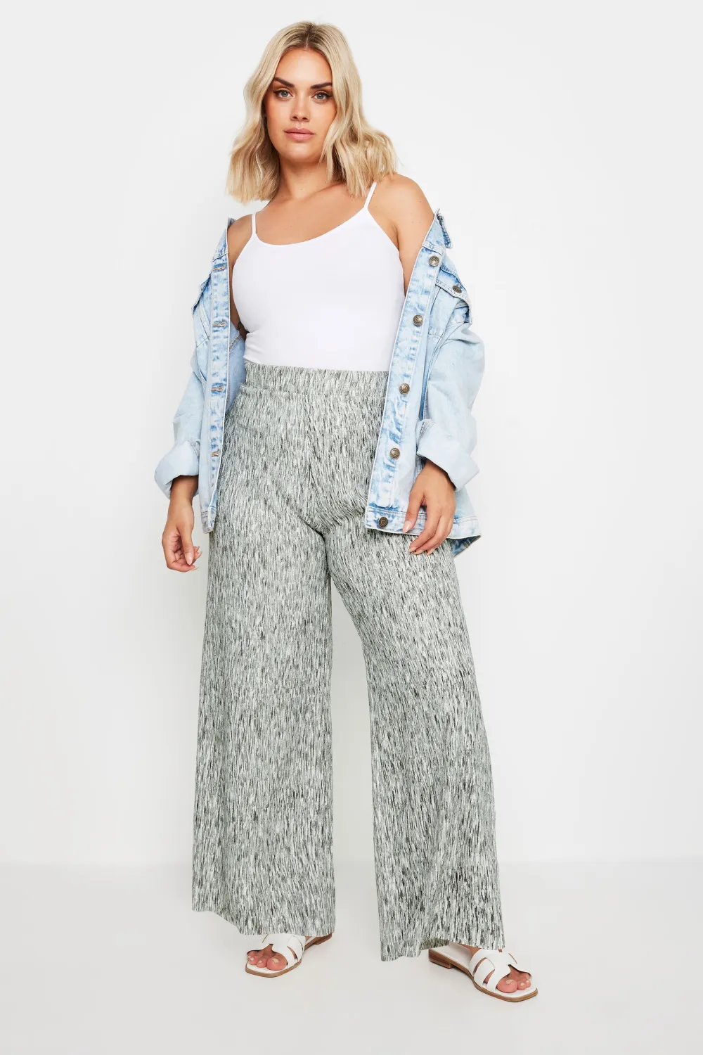 YOURS Curve Blue Abstract Print Textured Wide Leg Trousers