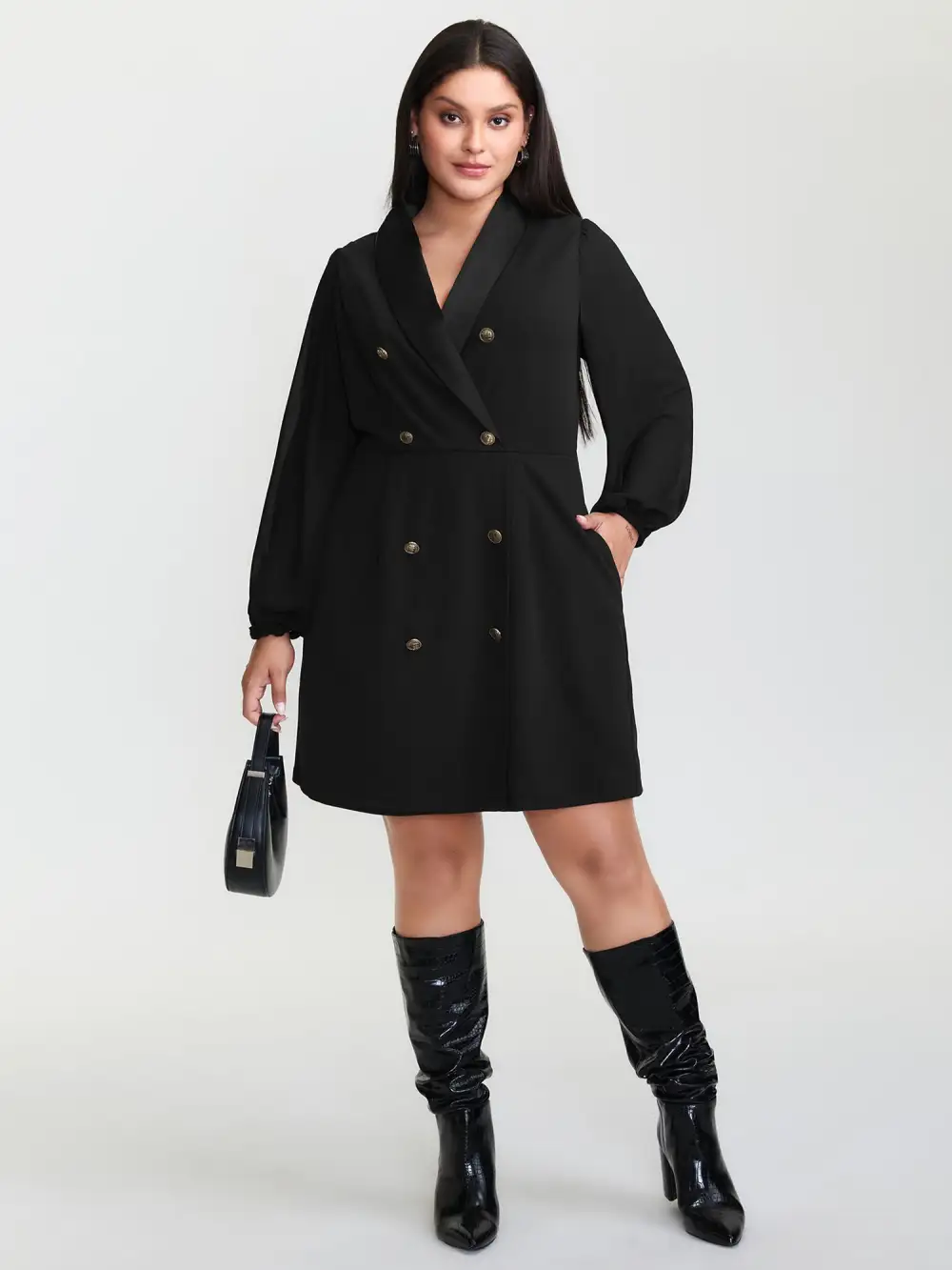 Stretchy Double Button Pockets Blazer Dress