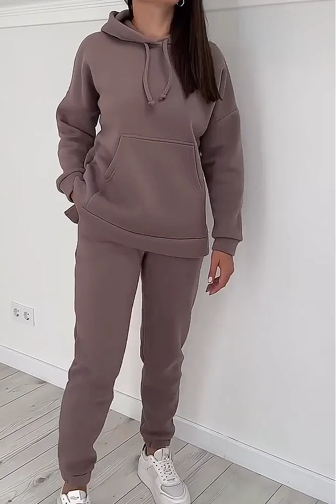 Women's solid color fleece hoodie and pants two-piece set