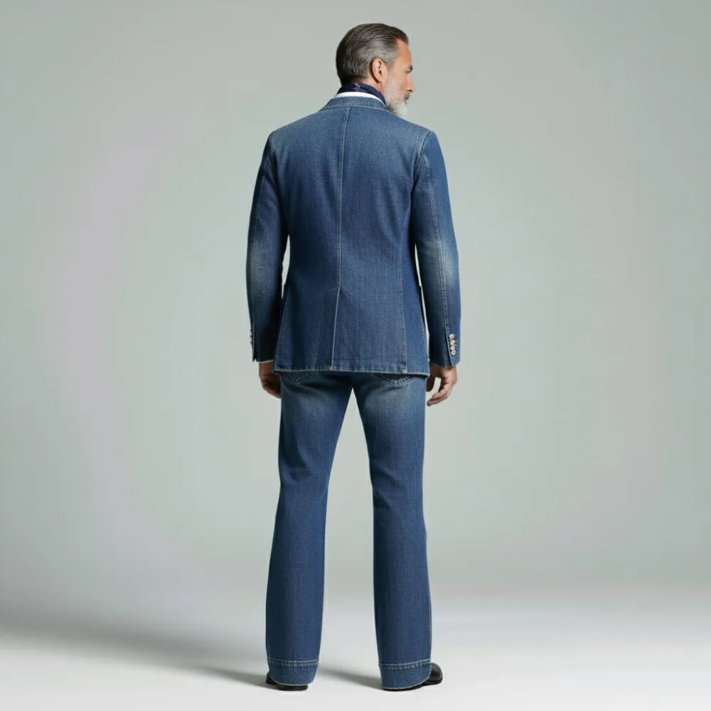 Men's Retro Blue Denim Notched Lapel Two Button Blazer & Flare Jeans 2Pcs Set