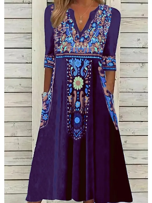 Women's Casual Dress Ethnic Dress Shift Dress Midi Dress Black Half Sleeve Floral Pocket Fall Spring Summer V Neck Vintage Birthday Daily Date 2023 S M L XL XXL 3XL