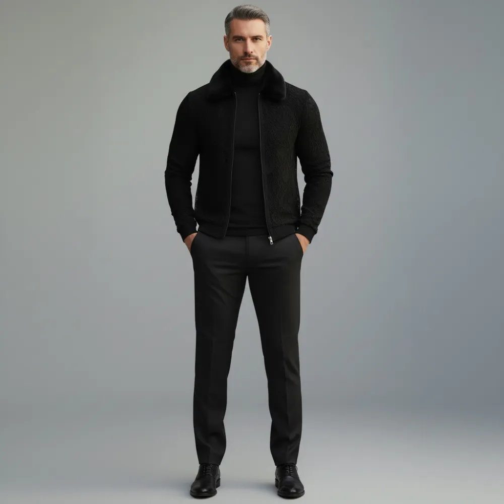 Men's Black Lace Furry Collar Long Sleeve Zip-Up Jacket