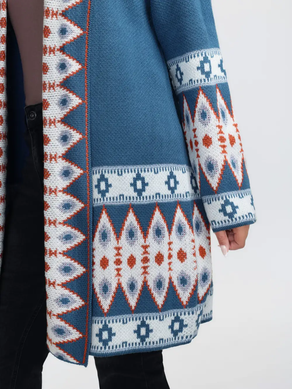 Boho Pattern Jacquard Folded Collar Knit Cardigan