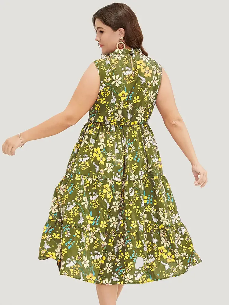 Floral Shirred Mock Neck Cut Out Pocket Ruffle Hem Dress