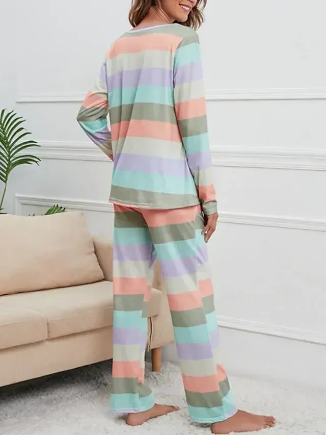 Women's Plus Size Pajamas Sets Nighty Pjs 2 Pieces Rainbow Stripe Fashion Comfort Soft Home Daily Bed Cotton Breathable V Wire Long Sleeve T shirt Tee Pant Fall Spring Blue Yellow