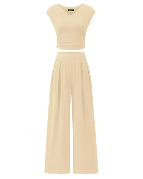 ✨Women's casual ribbed knit suit V-neck short sleeve with wide-leg pants