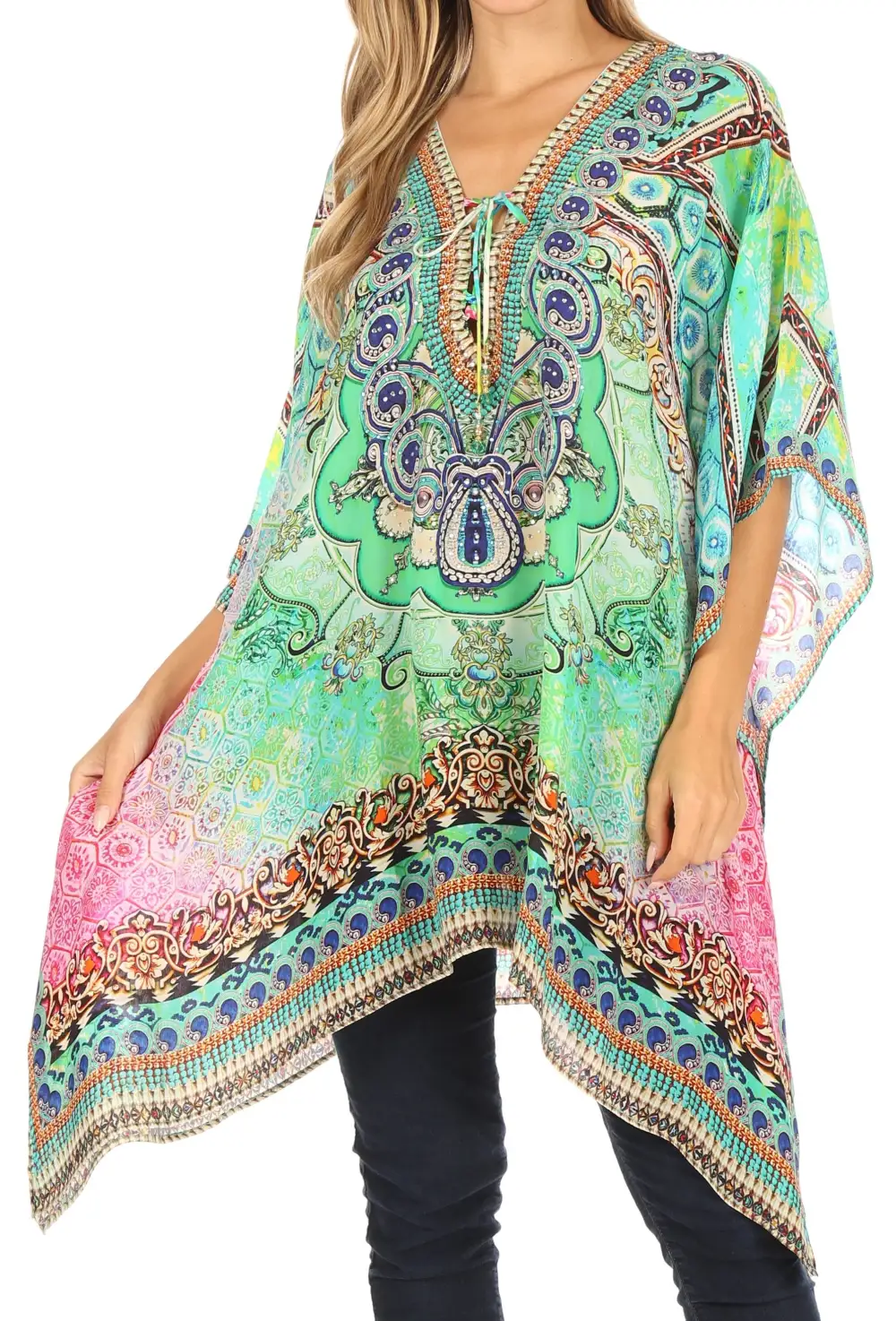 Women's Caftan Poncho Cover up V neck Top Lace up With Rhinestone