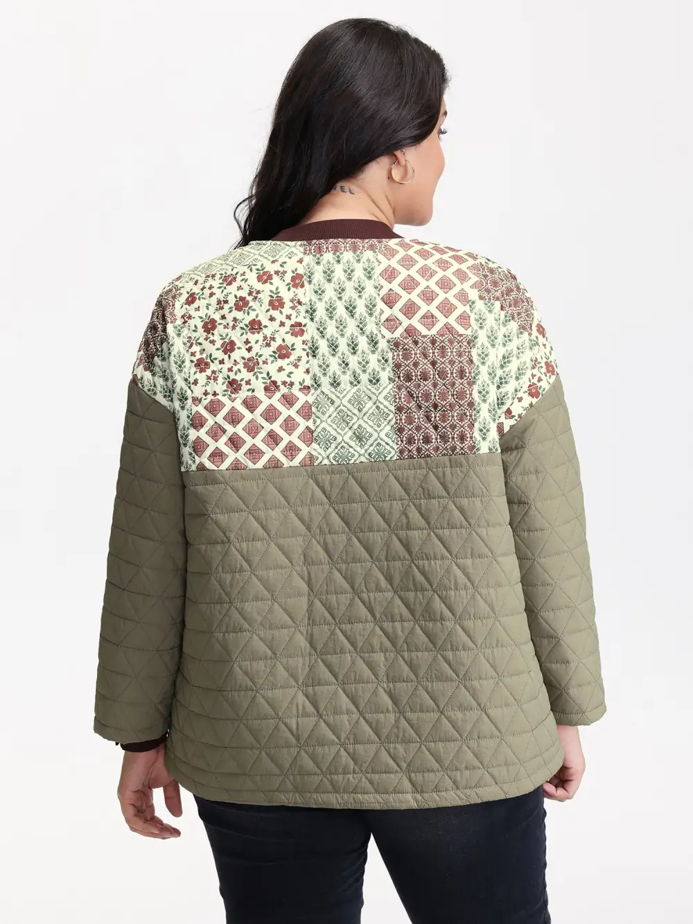 Floral Collage Print Pockets Quilted Jacket