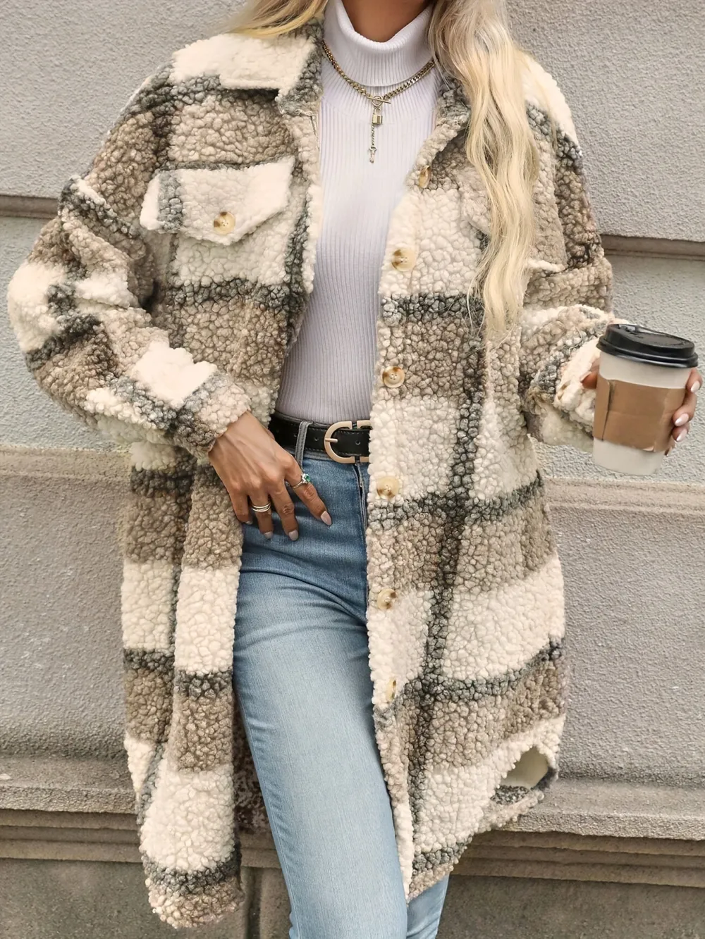 Long Sleeve Plaid Fuzzy Lapel Collar Jacket - Soft, Elegant, and Warm for Fall & Winter - Machine Washable Polyester Coat for Women