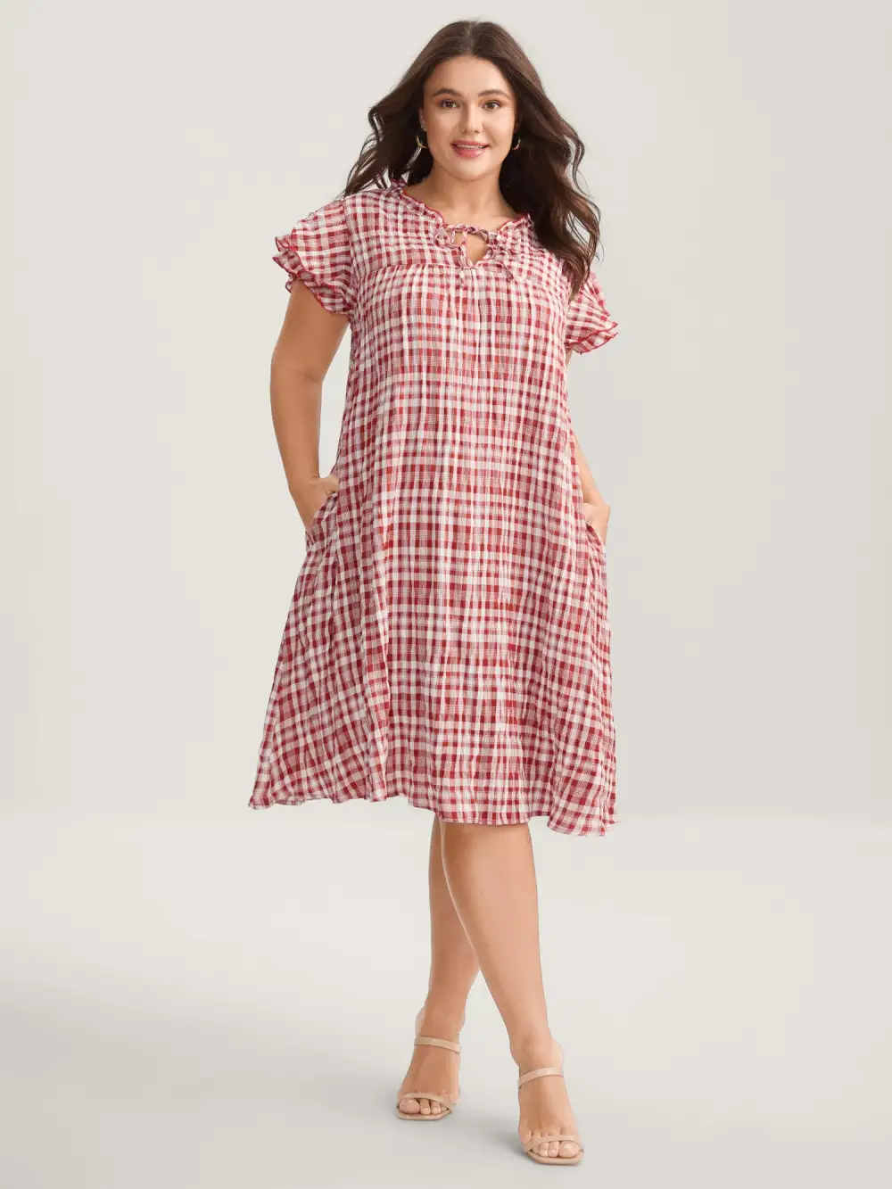 Sweet Plaid Pattern Pockets Midi Dress