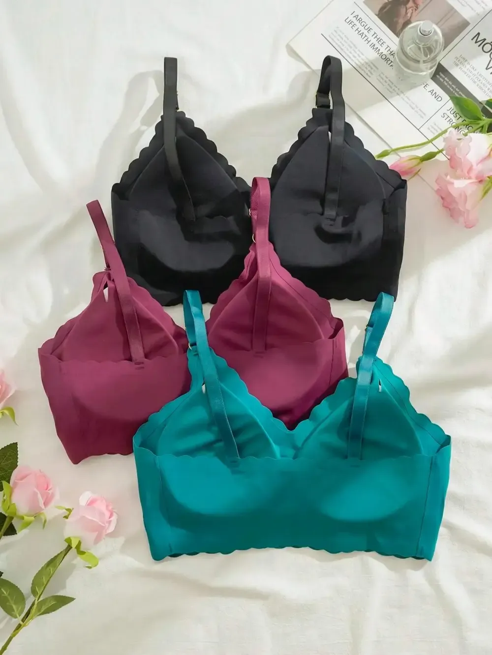 Basics 3pcs Seamless Wave Edge Adhesive Bra Set With Removable Cups