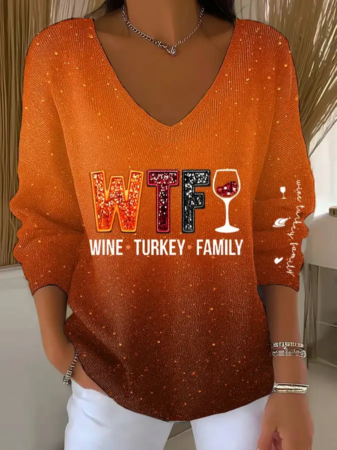 Women's Thanksgiving Turkey Family Print Sweater