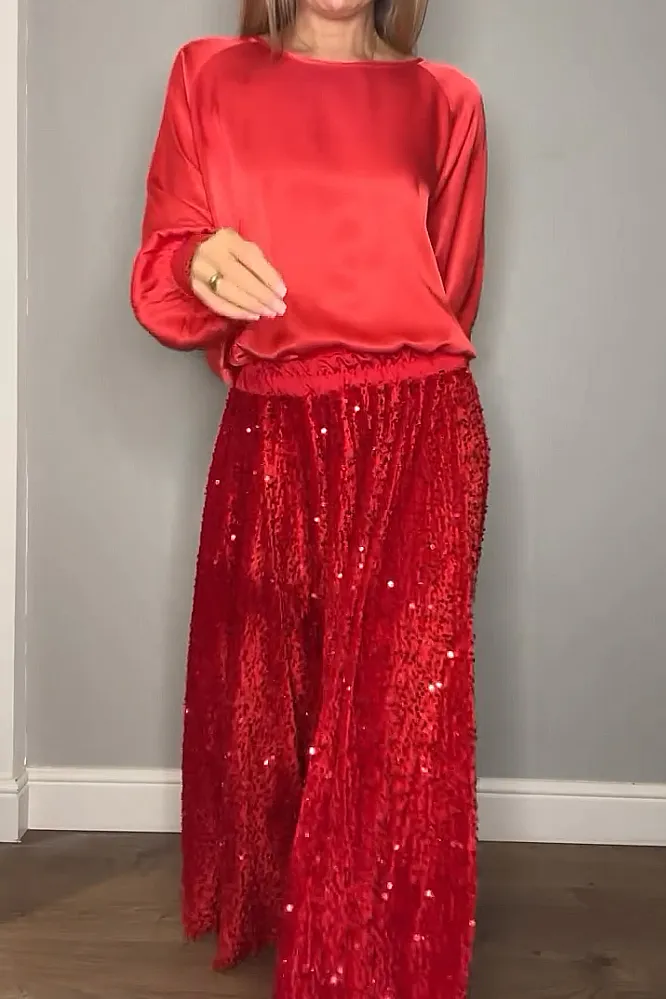Women's fashion satin top and sequined skirt two-piece set