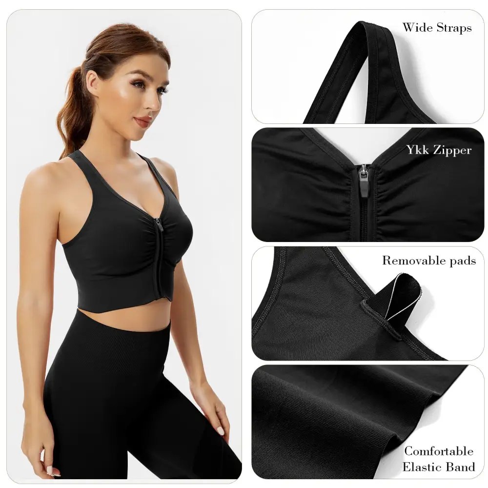 Women's Zip Front Sports Bra Padded Low Impact Wirefree Yoga Bras X Back Comfortabe Bra Workout Tank Tops