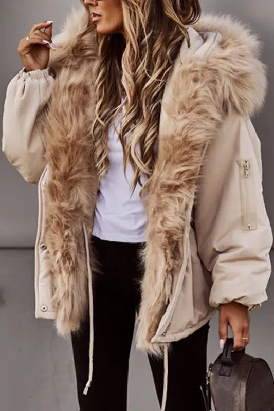 New Women’s Short Puffy Canvas Jacket with Faux Fur Trimmed Hood