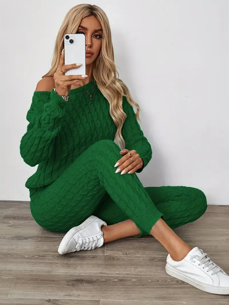 Solid Knitted Matching Two-piece Set, Casual Long Sleeve Sweater & Pants Outfits, Women's Clothing