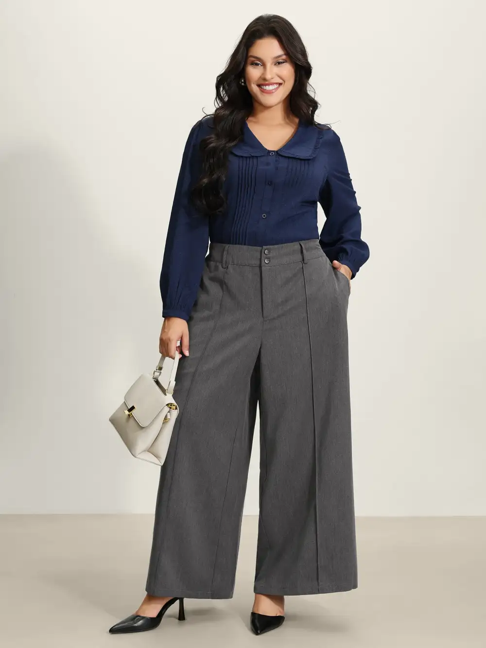 Double-Button Pleated Detail Wide-Leg Pants