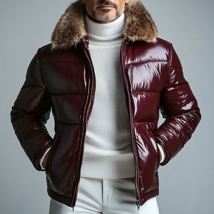 Men's Fuzzy Turndown Collar Patent PU Leather Pocket Cotton-Padded Coat