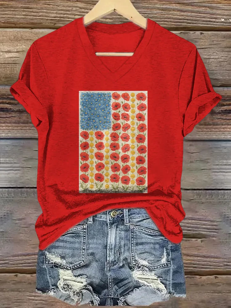 Women'S T-Shirt With Floral Pattern Printed Pure Cotton V-Neck Short-Sleeved T-Shirt