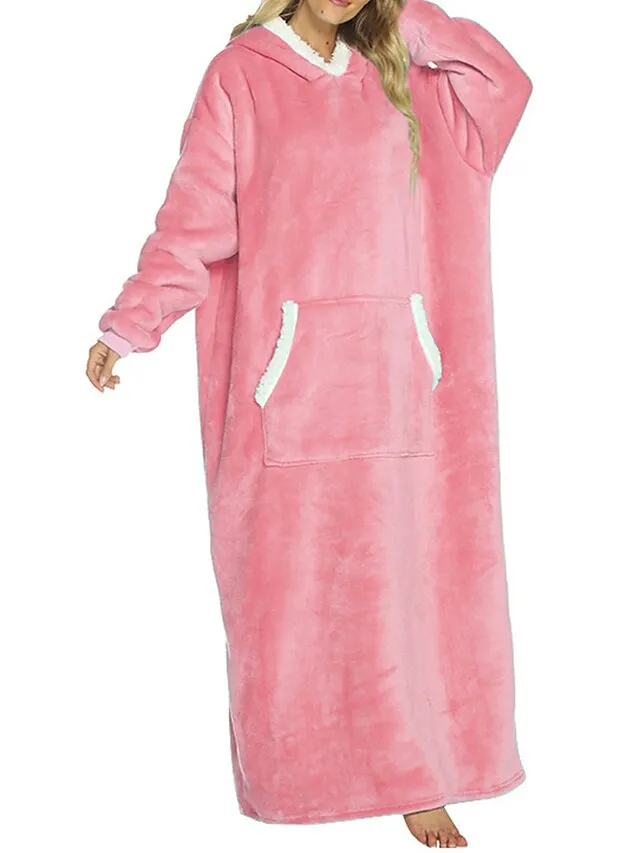 Women's Wearable Blanket Hoodie Blanket Pajama Loungewear Pure Color Warm Plush Casual Home Daily Bed Flannel Warm Breathable Hoodie Long Sleeve Pocket Fall Winter Lake blue Black