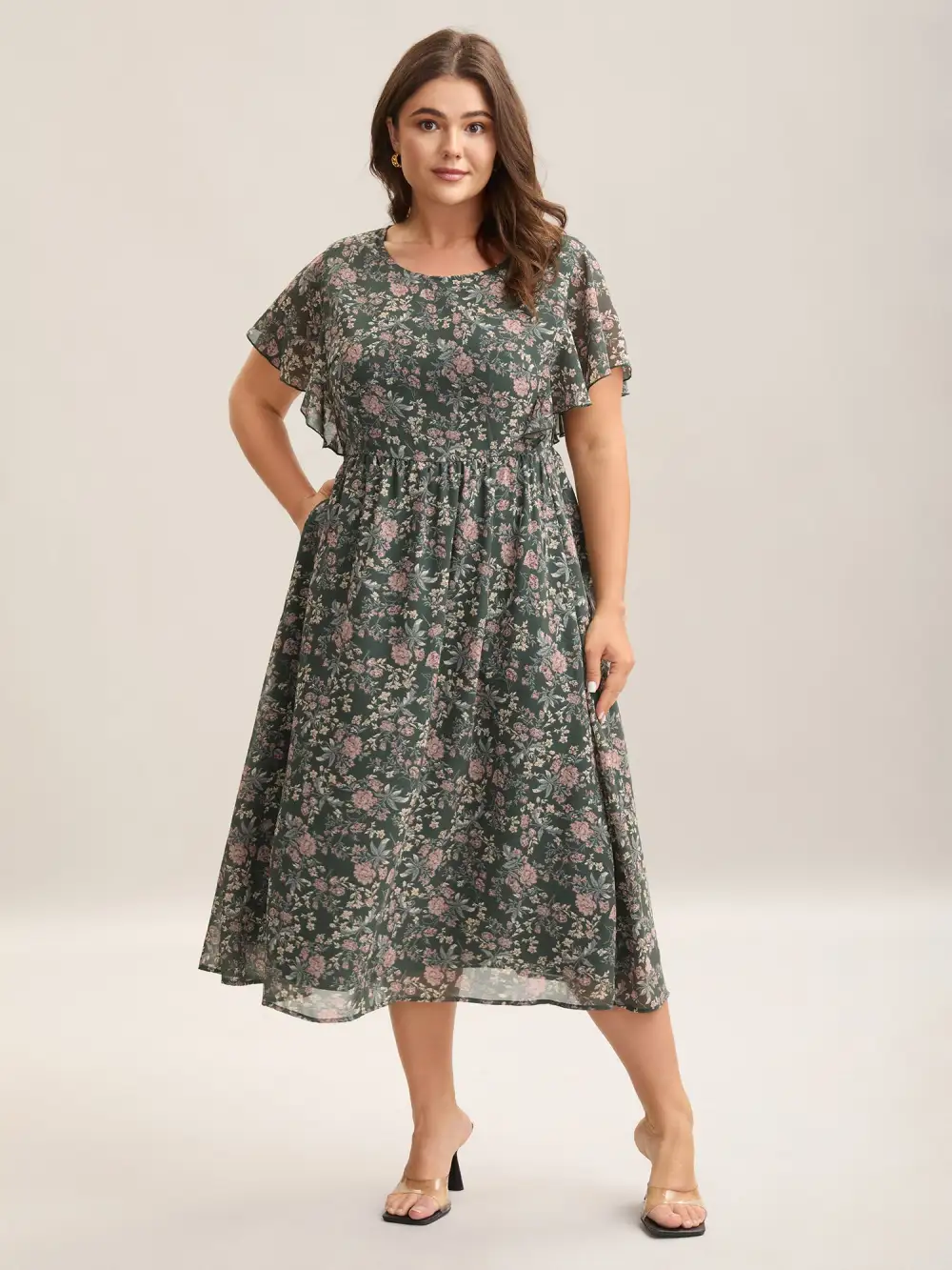 Chiffon Floral Print Ruffled Midi Dress