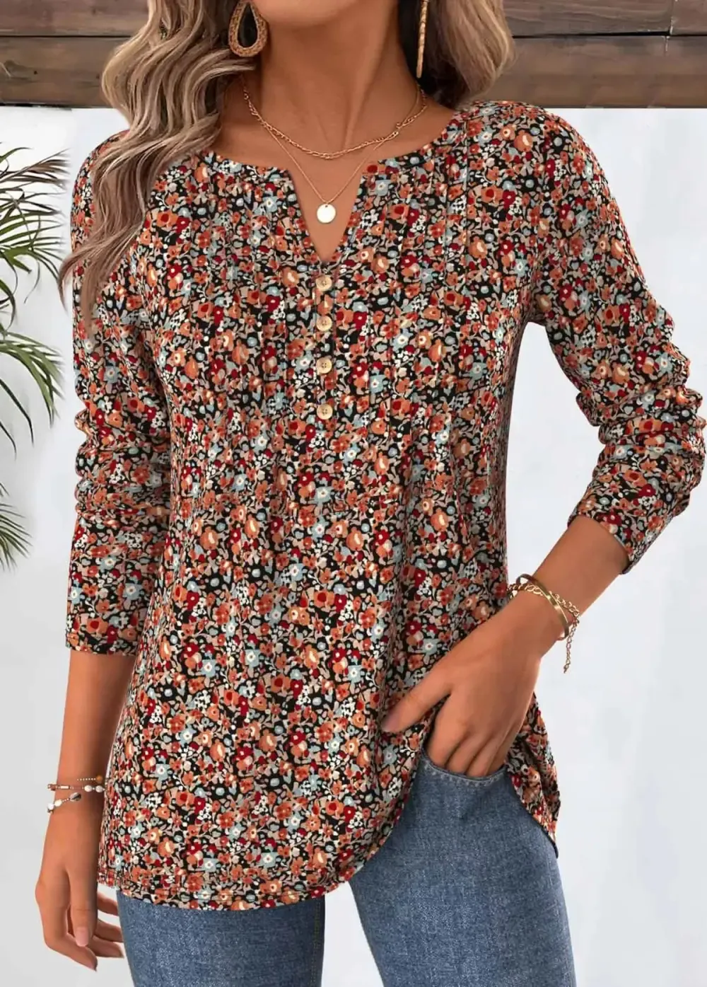 Multi Color Ditsy Floral Print Long Sleeve T Shirt