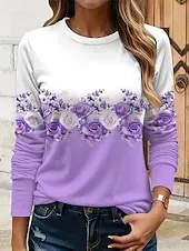 Women's T shirt Crew Neck Long Sleeve Tunic Floral Graphic Plants Vintage Stylish Classic  Round Neck Regular Tops Daily Print Yellow Pink Blue Purple Green Fall