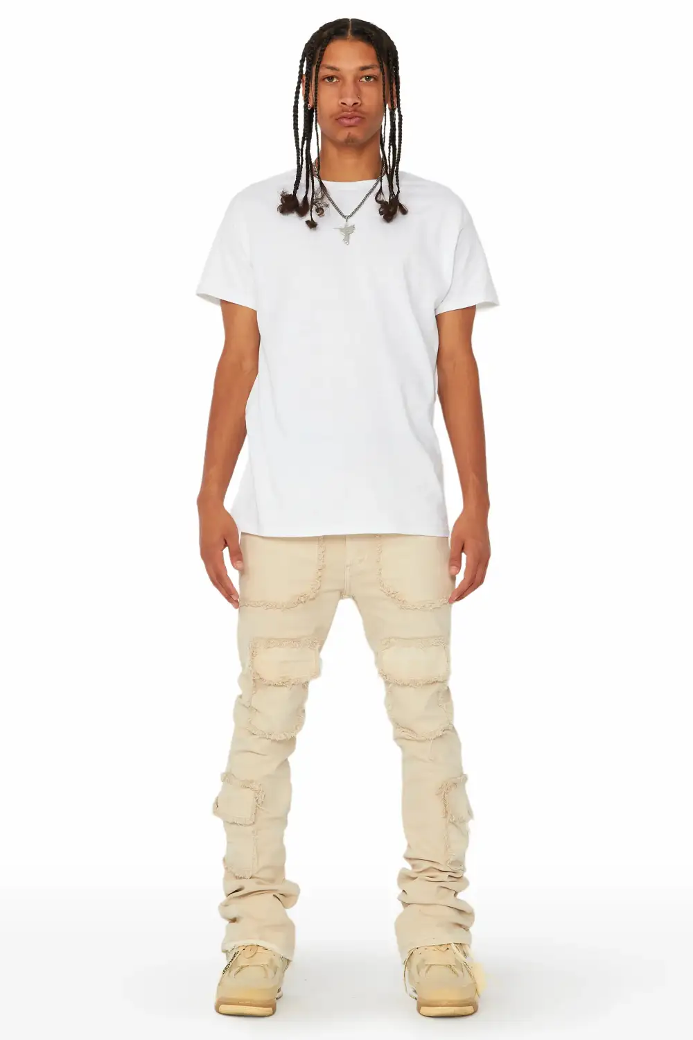 Tyrell Beige Stacked Flare Cargo Jean