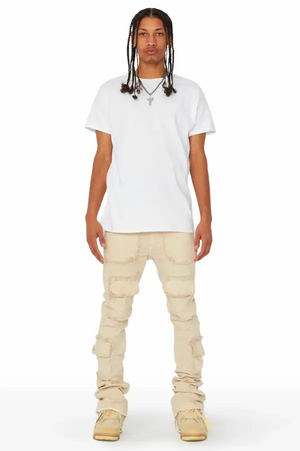 Tyrell Beige Stacked Flare Cargo Jean