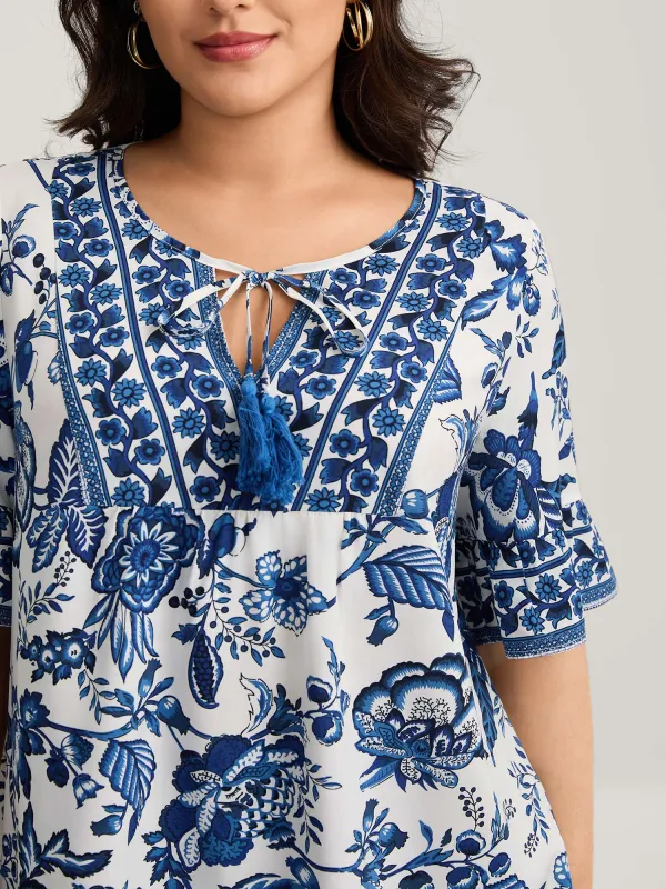 Floral Print Neck Tassels Blouse